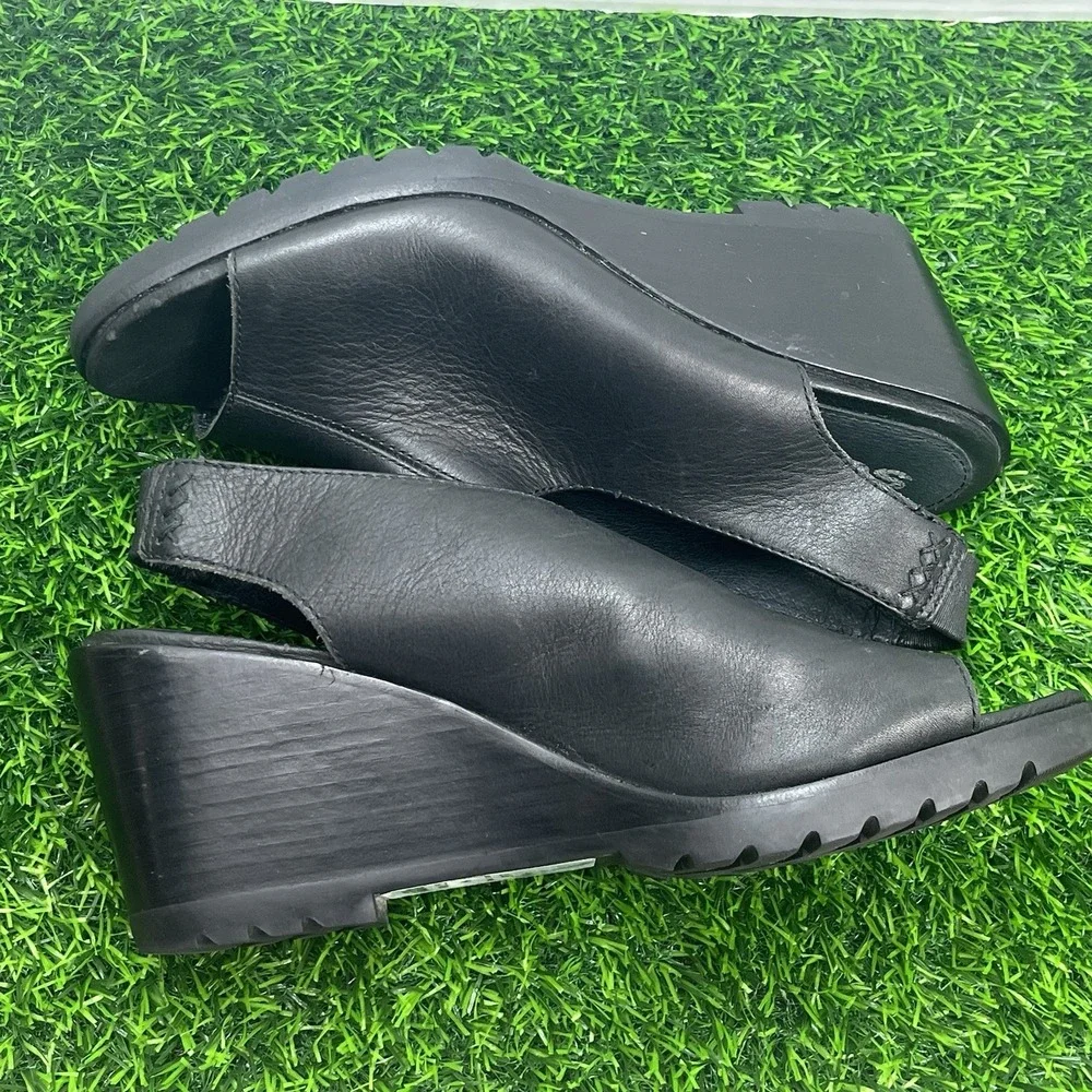 Sorel After Hour Black Leather Peep Toe Slingback Heeled Wedge Sandals Sz 10.5‎